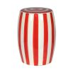  this stool features a striking red and white striped design