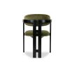 Olive coloured velvet dining chair with three-legged black frame