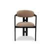 Smooth taupe upholstered chair with three black leg design