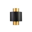 Brass base wall lamp with black shade around the middle