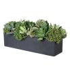 A beautiful, floral arrangement of faux skimmia and succulents in a plain black pot