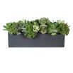 A beautiful, floral arrangement of faux skimmia and succulents in a plain black pot