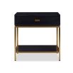 Sleek black ash veneer side table with lower shelf and drawer with brass accents