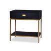 Sleek black ash veneer side table with lower shelf and drawer with brass accents