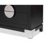 Black veneer two drawer side table with round silver handles and silver feet