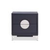 Black veneer two drawer side table with round silver handles and silver feet