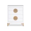 White chest of drawers with circular brass handles and legs