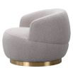 Small and circular boucle taupe swivel chair with rounded edges and brass base