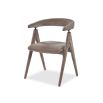 Brown upholstered chair with c-shaped design