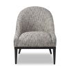 Grey chair with rounded backrest that melts into sloped armrests