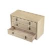 Light brown textured chest of drawers with dark frame and dark handles