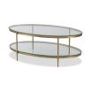 Two tiered coffee table with brass frame and glass shelves