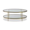 Two tiered coffee table with brass frame and glass shelves