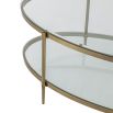 Two tiered coffee table with brass frame and glass shelves