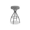 Grey upholstered round seated bar stool with boldly splayed open hourglass base with gentle tapering.