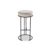 Round bar stool with thin black base in light grey upholstery