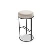 Round bar stool with thin black base in light grey upholstery