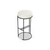 Round bar stool with thin black base in pilman beige linen upholstery