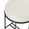 Round bar stool with thin black base in pilman beige linen upholstery