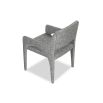 Elegant upholstered chair with arched supports and a complete fabric wrap in grey