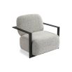 Grey boucle upholstered armchair with angular black arms