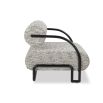 Speckled grey upholstered accent chair with rounded back and seat with black minimal arms