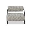 Speckled grey upholstered accent chair with rounded back and seat with black minimal arms