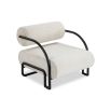 Minimalist black frame arm chair with rounded boucle back rest and seat