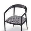 Black scandi structured dining chair with black and white pattern seat