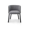 Contemporary dining chair with wrap-around design, grey linen upholstery and black tapered legs