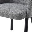 Contemporary dining chair with wrap-around design, grey linen upholstery and black tapered legs