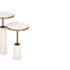 Pair of slender silhouette side tables with round, white marble top