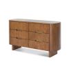 Contemporary warm brown wood chest of 6 drawers with rounded edges and brass details