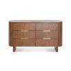 Contemporary warm brown wood chest of 6 drawers with rounded edges and brass details