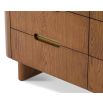 Contemporary warm brown wood chest of 6 drawers with rounded edges and brass details