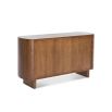 Contemporary warm brown wood chest of 6 drawers with rounded edges and brass details