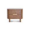 Contemporary warm brown wood bedside table with two drawers, rounded edges and brass details