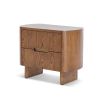 Contemporary warm brown wood bedside table with two drawers, rounded edges and brass details