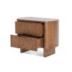 Contemporary warm brown wood bedside table with two drawers, rounded edges and brass details