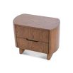 Contemporary warm brown wood bedside table with two drawers, rounded edges and brass details