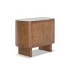 Contemporary warm brown wood bedside table with two drawers, rounded edges and brass details