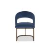 Curved back dining chair in blue velvet with bronze base frame