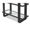 Black structured shelving with glass panel shelves