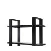 Black structured shelving with glass panel shelves