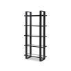 Black structured shelving with glass panel shelves