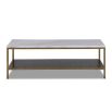 White marble rectangular coffee table with lower wooden shelf