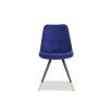 Royal blue velvet upholstered chair with tapered black legs and brass caps