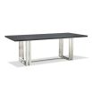 Dining table with ash wooden grain above sturdy yet delicate stainless steel legs