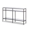 Bronze-finished console table with glass shelving