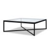 Black frame coffee table supporting clear glass top